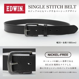 Edwin 0111177 Men's Belt, 1.4 inches (35 mm), 46.5 inches (118 cm), Simple Cow Split Leather, Stitched, Nickel Free, 22269281, Black
