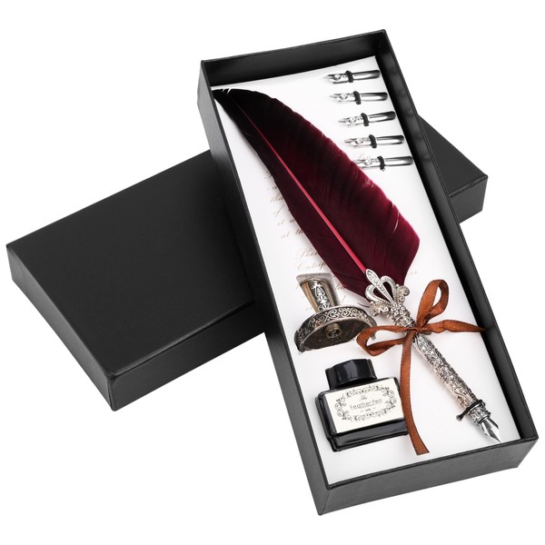 BELLE VOUS 8 Piece Calligraphy Red Feather Pen Set with