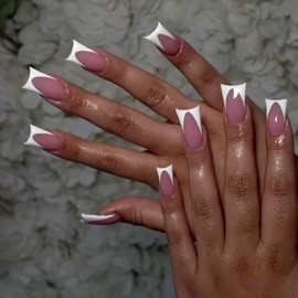 KQueenest White French Tip Press on Nails Medium Long - Duck Press on Nails for Women, Soft Gel Fake Nails Press ons, Natural Reusable Light Pink French Tip Glue on Nails for Women Wedding, 30 Pcs