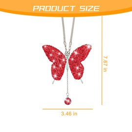 KHGUZ Bling Butterfly Car Accessories, Crystal Rhinestone Vehicle Rear View Mirror Charms, Lucky Diamond Auto Interior Hanging Ornament Pendant for Women Girls, Universal for Most Cars (Red)