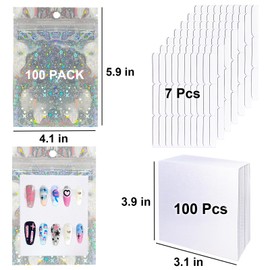 Sawvolker 100 PCS Press On Nails Packaging Bag Holographic Nail Storage Bag and 100PCS Shiny White Pearl Card with 7 Sheets Pre-cut Nail Tape (Star)