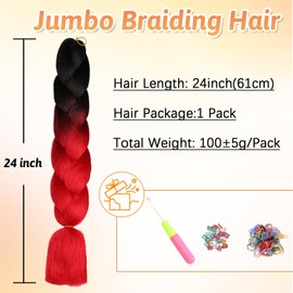 ShowJarlly Synthetic Hair for Braiding Ombre Jumbo Braiding Hair 24 Inch Braids Extensions Synthetic Hair for Braiding 1 Piece for Box Braids for Braiding Braids (Black/Red #)