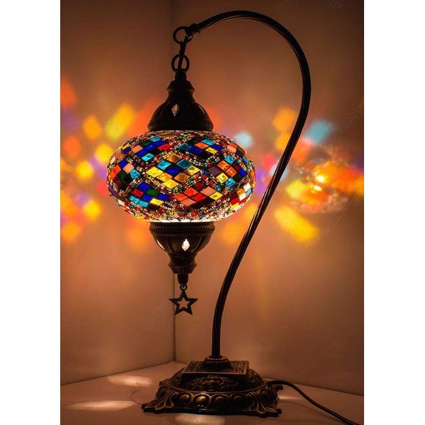 DEMMEX (33 Colors) Turkish Moroccan Mosaic Table Lamp, Swan Neck Handmade Desk Bedside Table Night Lamp Decorative Tiffany Lamp Light, Antique Brass Body (Multicolored 2)