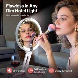 LitBear Travel Mirror with Lights, Foldable Double-Sided 10X/1X Magnifying Mirror, Rechargeable & Portable Lighted Makeup Mirror for Beauty, 3 Color Lighting, Dimmable Touch Screen, Smart Display