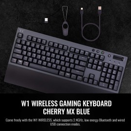 Thermaltake W1 Wireless Gaming Keyboard Cherry MX Blue, 2.4GH per Minute, Bluetooth 4.2, Low Energy Technology, USB Type-C Connection. GKB-WOW-BLSNUS-01,Titanium Gray