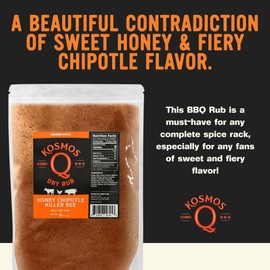 Kosmos Q Honey Chipotle Killer Bee BBQ Dry Rub, Sweet and Spicy Seasoning with Sugar, Chipotle, Garlic, and Paprika for Ribs, Pulled Pork, Chicken, Dry Rub For Smoking and Grilling Meat, 16 Oz Bag