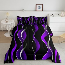 Feelyou Purple Grey and Black Stripe Comforter Set Queen Size, Geometric Ombre Comforter Set Kids Toddler Geometrics Swirl Lines Comforter Pastel Gradient Stripes Duvet Set Microfiber Quilt Set