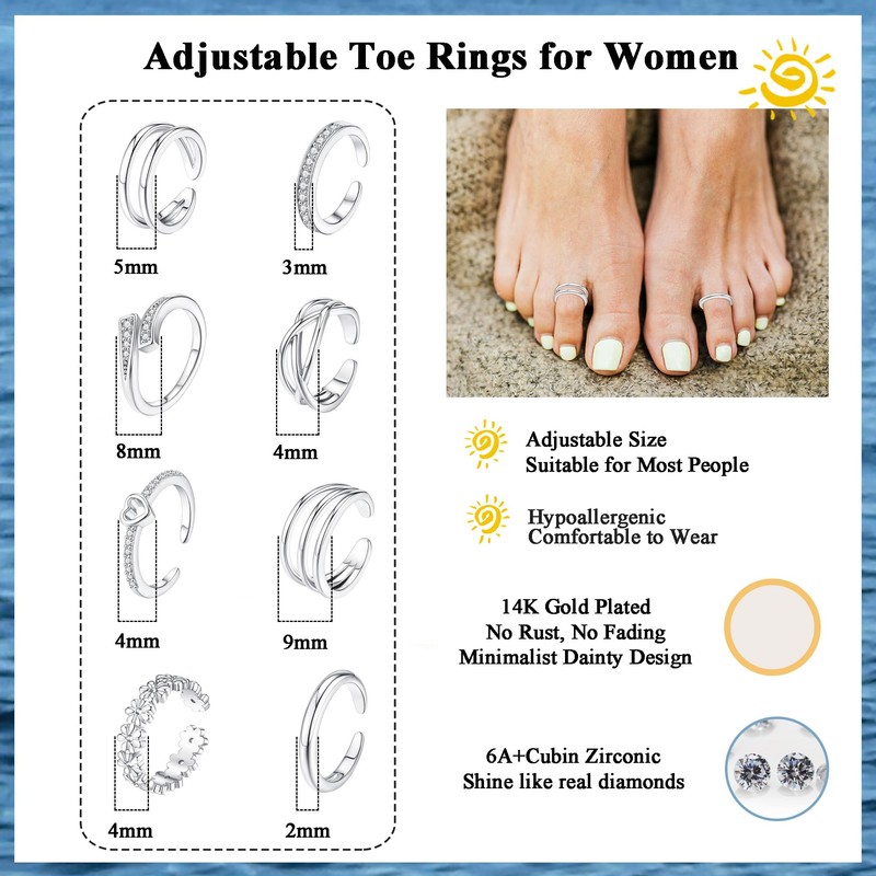 SAMOCO 8 Pcs Toe Rings for Women 14K Gold Silver