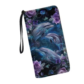 SCRAWLGOD Dolpin Womens Wristlet Wallets Flower Leather Clutch Purse for Women Zipper Around Slim Wallet Credit Card Holder Organizer for Phone Key Waterproof Phone Pouch