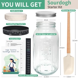 TISEMENT 64oz Sourdough Starter Kit,Pro Extra Large Capacity Sourdough Starter Jar Glass with Silicone Spatula,Thermometer,Feeding Band,Great Sourdough Bread Baking Supplies & Baking Gifts for Women.