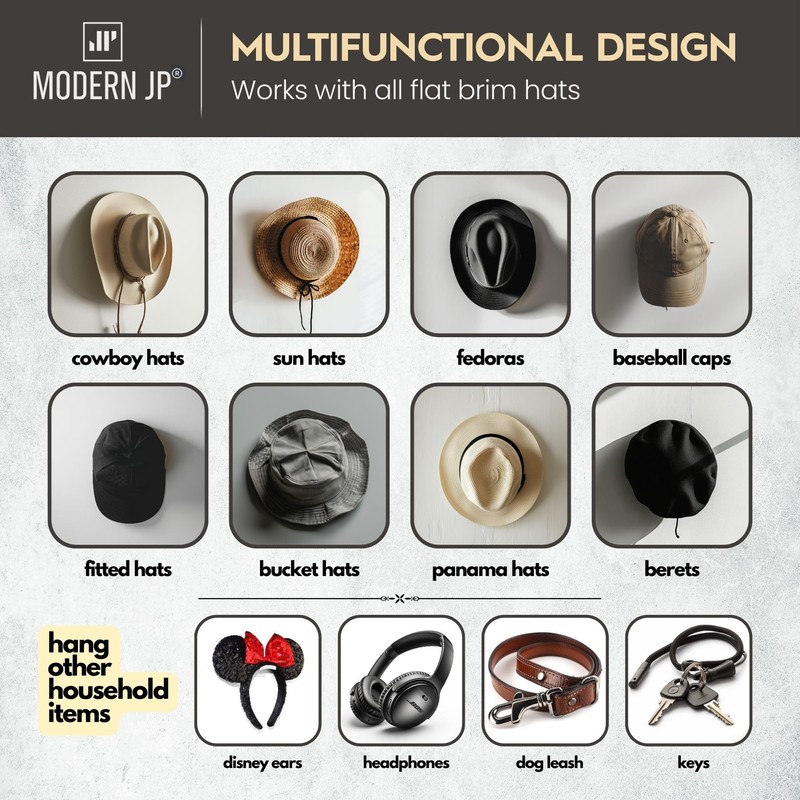 Modern JP Adhesive Hat Hooks for Wall (6-Pack) - Cowboy