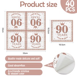 Xunerloy 40Pcs 90th Birthday Napkins Rose Gold, Happy 90th Birthday Serviettes White Napkins for Women Men Her He Anniversary Decoration