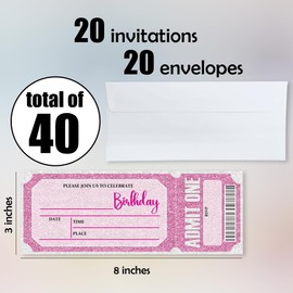 WPBRU Birthday Invitations, 20 Pcs Double Sided Fill In Pink Style VIP Tickets Invites With Envelopes For Girls Teens Birthday, Party Favors And Supplies(3 X 8 In)- A03