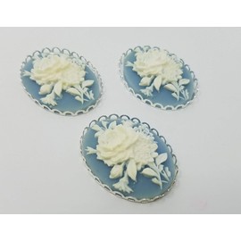3 pcs 30mm x 40mm Ivory Rose Flower Resin Craft Jewelry Cameos with Lace Filigree Settings (Blue with Silver Settings)