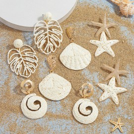 4 Pairs of Tropical Beach Beige Raffia Dangle Earrings Set for Women, Raffia Seashell Starfish Conch Palm Leaf Earring, Lightweight Summer Boho Ocean-Themed Mix Match Statement Jewelry Gift Set