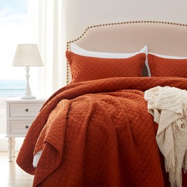 SunStyle Home Quilt Set Queen Rust Lightweight Bedspread Full Soft Reversible Coverlet for All Season 3pcs Burnt Orange Diamond Quilted Bedding Sets (1 Quilt 2 Pillow Shams)(90"x96")