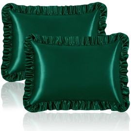 Homiest Ruffle Satin Pillowcase for Hair and Skin, Queen Satin Pillow Covers Silky Pillow Cases Set of 2, Satin Ruffled Pillowcase with Envelope Closure, Anti Wrinkle Pillow Shams (Blackish Green)