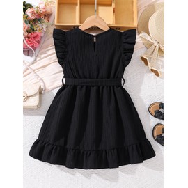 Hilinker Toddler Girls Cute Sleeveless Ruffle Dress Wrap Swing Party Summer Dresses with Belt Black 4-5Y