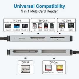 Lector de tarjetas CFast 2.0, lector de tarjetas USB C CFast 3.0 5Gbps CFast/CF/SD/TF/XD - Lector/adaptador de tarjetas de memoria 5 en 1 para San Disk, Lexar, Transcend, tarjeta Sony, leer CFast/TF