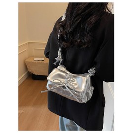 RoseSeek Women's Y2K Metallic Bowknot Shoulder Handbag Ruched Zipper Flap Underarm Bag Elegant Purse, Silver, One Size