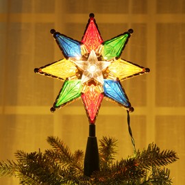 Brizled Christmas Star Tree Topper, 8" Lighted Double-Sided Christmas Tree Topper, 8-Point Multi Color Xmas Tree Topper with 10 Warm Lights, 120V UL Certified Tree Star for Christmas Tree Party Home