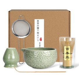 Matcha Whisk Set, 5 Pcs Matcha Making Kit with Ceramic Matcha Bowl with Spout, Matcha Whisk and Holder, Bamboo Scoop, Powder Starter Sifter for Matcha Lovers and Tea Ceremony