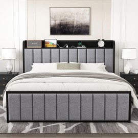 VECELO Bed Frame Full Size with Headboard, Upholstered Platform Bedframe, Heavy Duty Metal Slats, No Box Spring Needed, Easy Assembly, Grey