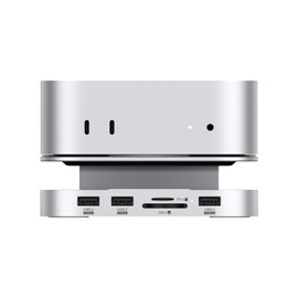 Qwiizlab Aluminum Stand Hub with SSD Enclosure, Docking Station for Mac mini M4/M4 Pro, 2 USB-A 10Gbps, TF/SD 4.0 Card Readers 312MB/s, USB-A 2.0, Fits M.2 NVMe SSD up to 8TB (Silver)