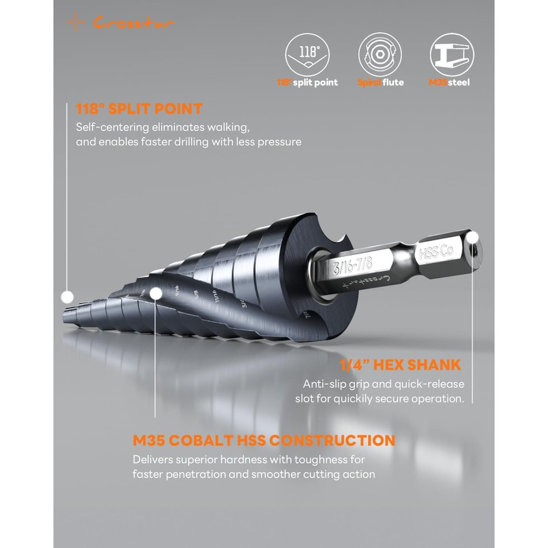 Crosstar M35 Cobalt Step Drill Bit Set, 3PCS TiAlN Coated
