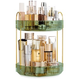 Hebaogugu 360° Rotating Makeup Organizer for Vanity, 2 Tier Lazy Susan Bathroom Organizer Countertop, Perfume Organizers, Large Capacity Skincare Organizer and Storage (Clear,Green)