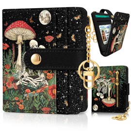 Jogjam Mushroom Skull Rfid Ladies Wallet, Small Slim Thin Compact Credit Card Women Wallet, Skeleton Goth Horror PU Leather Bifold Zipper Coin Pocket for Female
