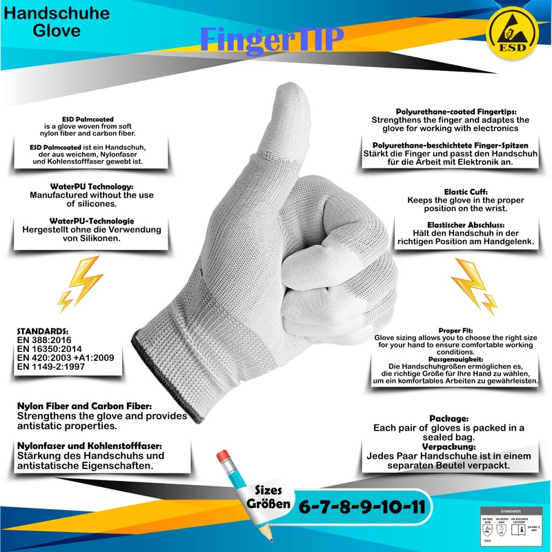 Minadax ESD Anti-Static Gloves Finger-TIP - 5 Pairs, Size L/9