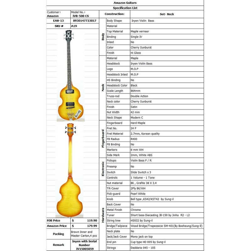 IYV IVB-500 CS Bass Solid-Body Electric Guitar, Cherry Sunburst