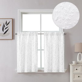 Chyhomenyc Anna White Curtains 36 Inch Length 2 Panels, Light Filtering Soft Airy 3D Embossed Textured Fabric Leaf Pattern Short Curtains for Bedroom Living Room, Each 28Wx36L Inches