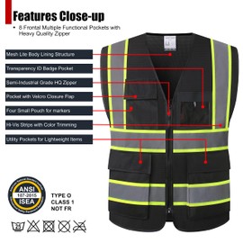 HATAUNKI Reflective Safety Vest for Men Women High Visibility Vest with 8 Pockets and Front Zipper Mesh Reflective Vest Meets ANSI/ISEA Standards (Black-07, XX-Large)