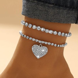 Wedity Double Layer Crystal Anklets Layered Love Bling Ankle Bracelets Summer Beach Foot Accessories Jewelry for Women Girls (Silver)