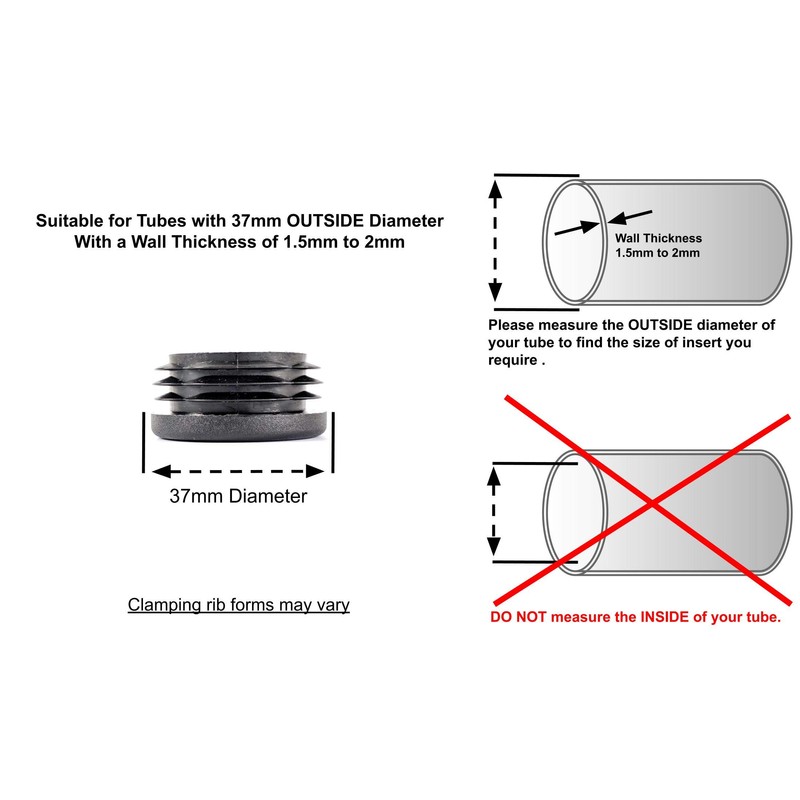 37mm Plastic End Caps, Black Round Tube Inserts, Pack of