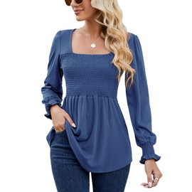 LOMON Puff Long Sleeve Tunic Tops for Women Ladies Retro Square Neck Smocked Top Blouse (Blue, L)