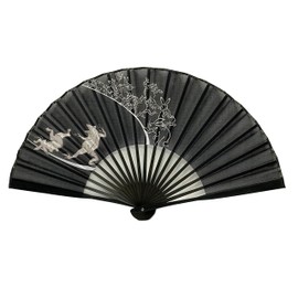 Hana-Kanzashi Men's Hand Fan, 8.7 inches (22 cm), Cotton Fabric Fan, For Gentlemen, Large, Frog, Rabbit, Black Fan, Choju-giga, Single Item