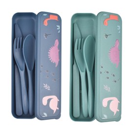 NANAOUS Juego de Cubiertos de Plástico Reutilizables con Estuche, 2 Set de Cubiertos Portátiles Utensilios, Juego de Tenedor Cuchillo Cuchara de Viaje, Picnic Escuela Oficina Almuerzo (Azul+Verde)