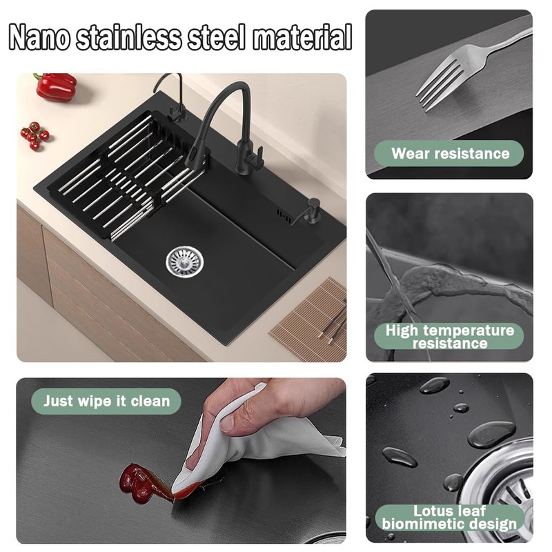 19.7 * 17.7in Drop In Kitchen Sink,Black Stainless Steel Single
