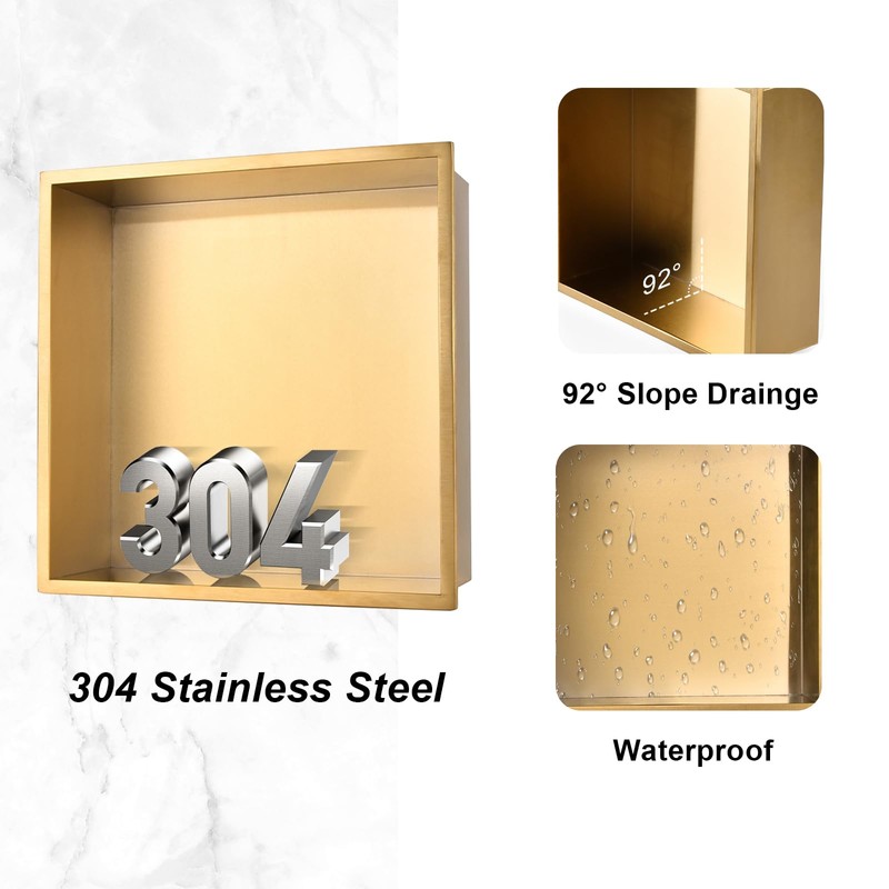 Shower Niche Gold Brushed 12"×12": Stainless Steel Shelf Organizer Waterproof