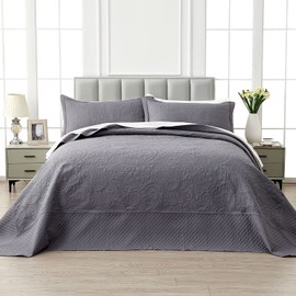 Qucover California King Bedspreads 128x120, Soft Microfiber Ultrasonic Lightweight Dark Grey Oversized King Quilt, 3 Piece Reversible Paisley Pattern Cal King Quilt Set, Grey