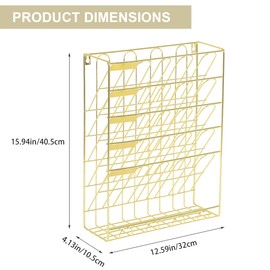 TQVAI Wall File Organizer, 5 Tier Hanging File Organizer with Bottom Tray, No Assembly Required Metal Wall Mount File Holder for Office Home Classroom, Gold