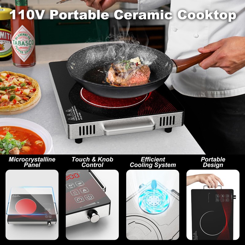 1800W Portable Infrared Cooktop Single Burner Electric Stove Ceramic Glass