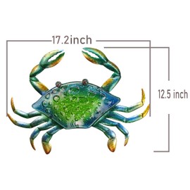 JOYBee 17.2Inch Large Metal Crab Wall Art Decor,Decoration for Outdoor Indoor,Nautical Hanging Art Blue Green Stained Glass with Metal for Garden Pool Patio Balcony Kitchen or Bathroom