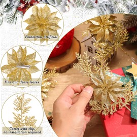 Thiccywoov 12 Pcs Christmas Glitter Artificial Poinsettia Flowers Picks and Leaves Sprays Branches with Clips Ornament Xmas Floral Picks Stems for Christmas Tree Vase Wreath Garland Decor(Gold)