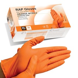 RAP Nitrile Work Gloves (50 Pack) – Heavy duty, diamond grip, latex-free, powder-free, non-slip, extra thick – Ideal for mechanics, workshop, and automotive use. (Orange, Large)