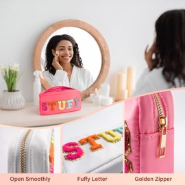 Glitter Chenille Letter Makeup Stuff Bag Glam Pouch, Small Preppy Patch Makeup Cosmetic Travel Zipper Bag for Women Girl, Valentines Day Gifts for her, Face -Beige