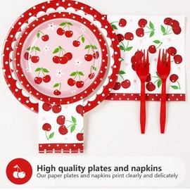 Grencian 96Pcs Cherry Birthday Party Decorations Spring Cherry Party Plates Disposable Cherry Fruit Birthday Tableware Set for Birthday Baby Shower Fruit Theme Party Supplies, Serves 24